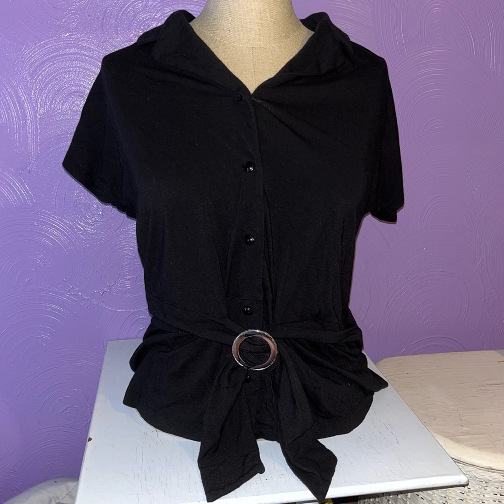 Black Short Sleeve Button Up Top With Belt